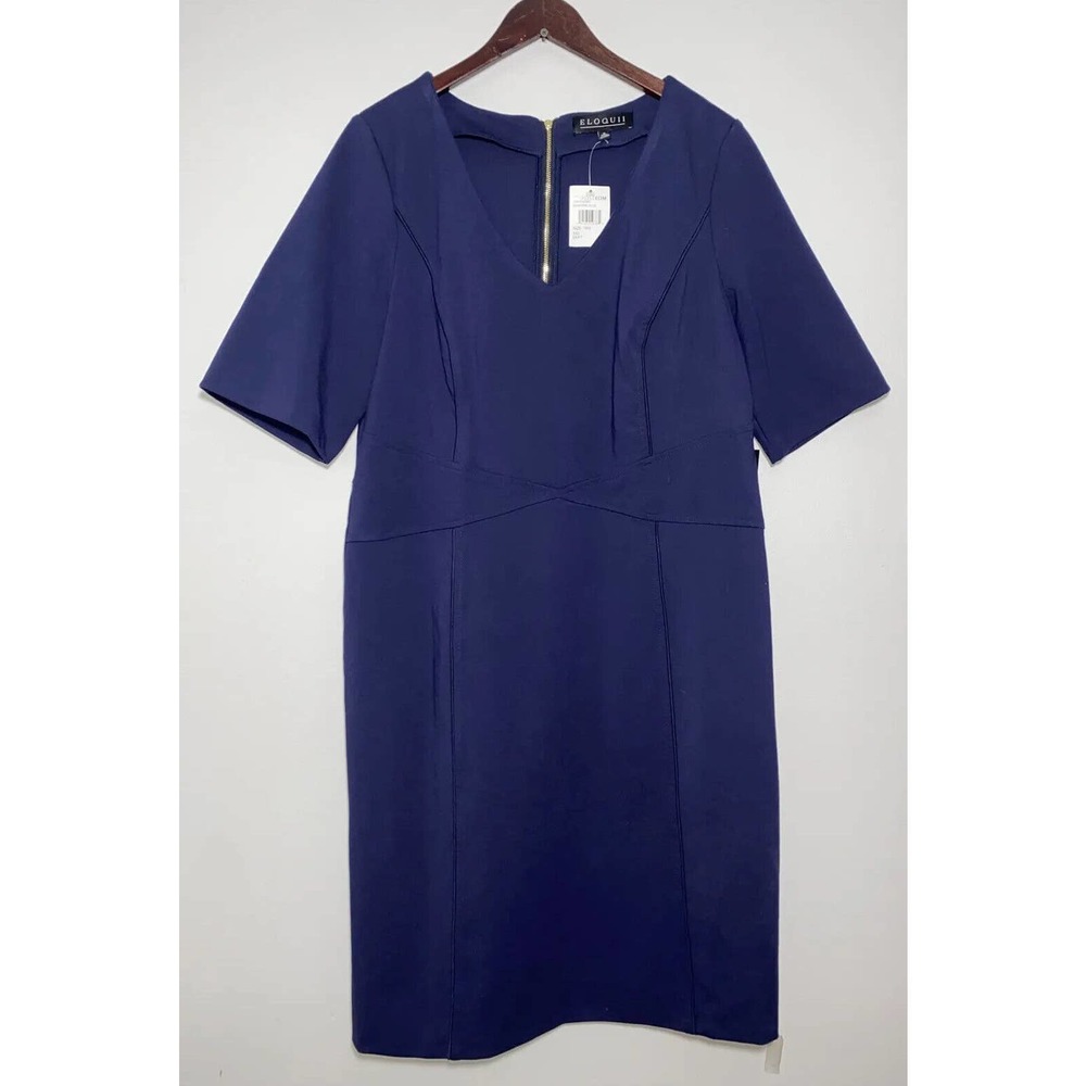NWT Eloquii Jersey Knit Fitted Dress Sz 18 Maritime Blu Half Sleeve Vnck Stretch